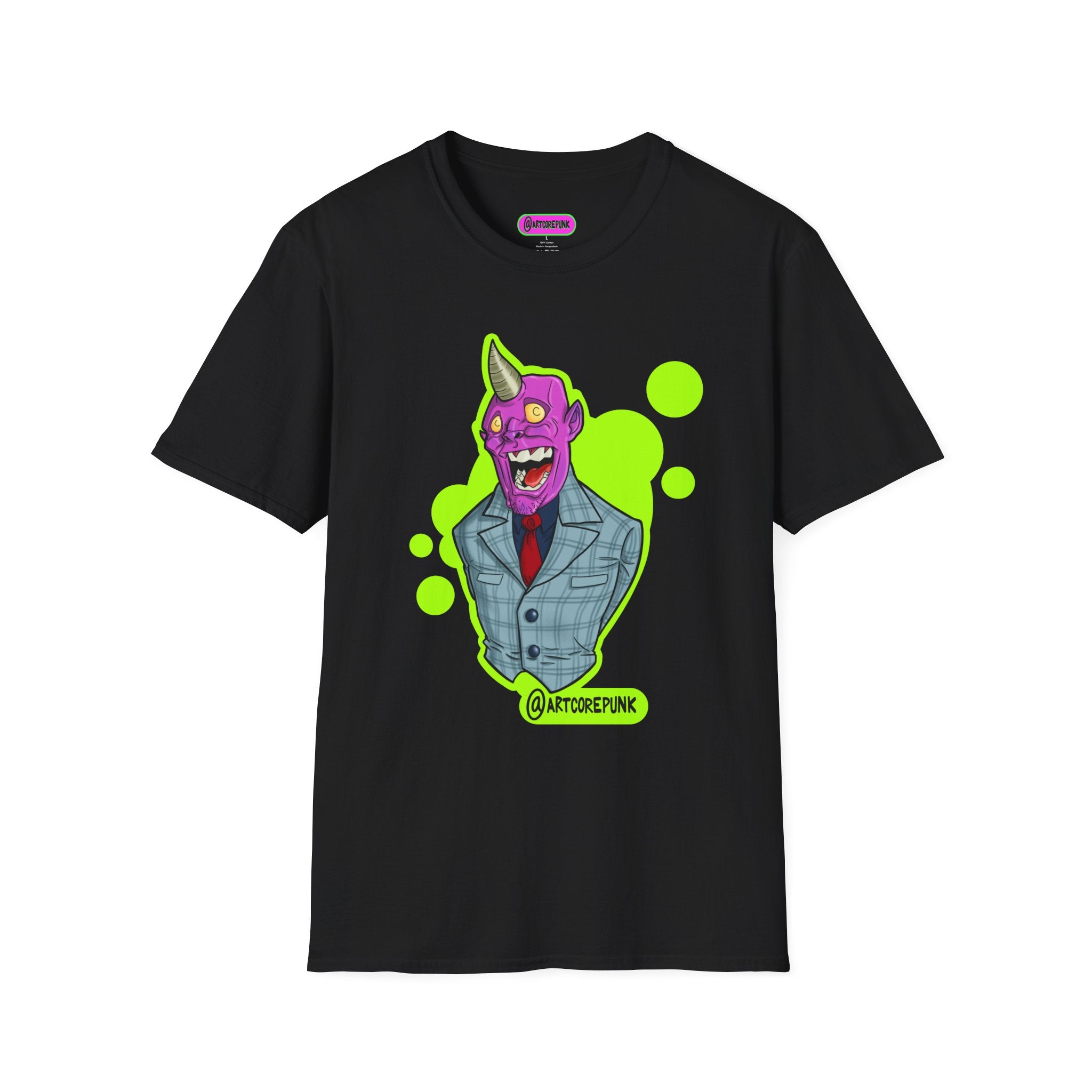'The Hornsuit' Graphic T-Shirt — Neon Devil Suit Illustration
