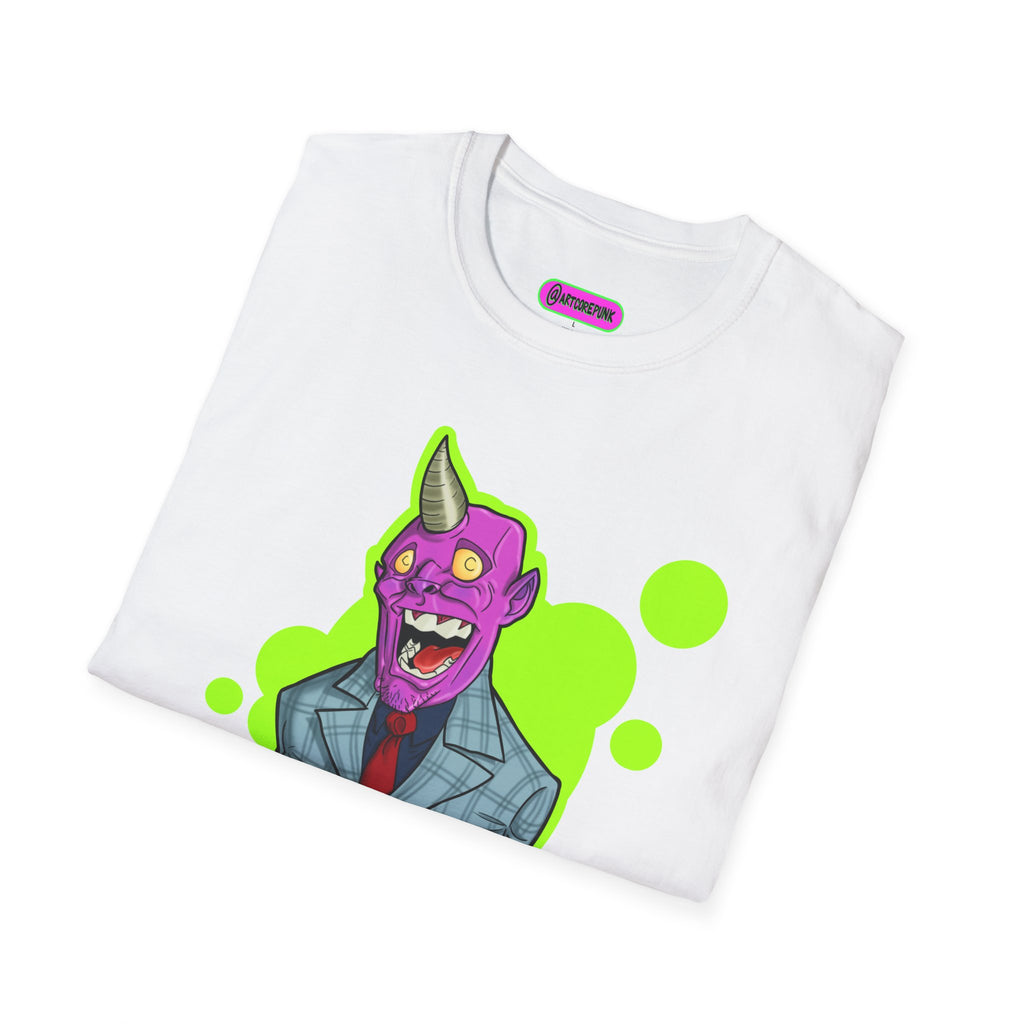 'The Hornsuit' Graphic T-Shirt — Neon Devil Suit Illustration
