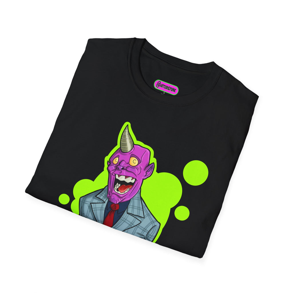 'The Hornsuit' Graphic T-Shirt — Neon Devil Suit Illustration