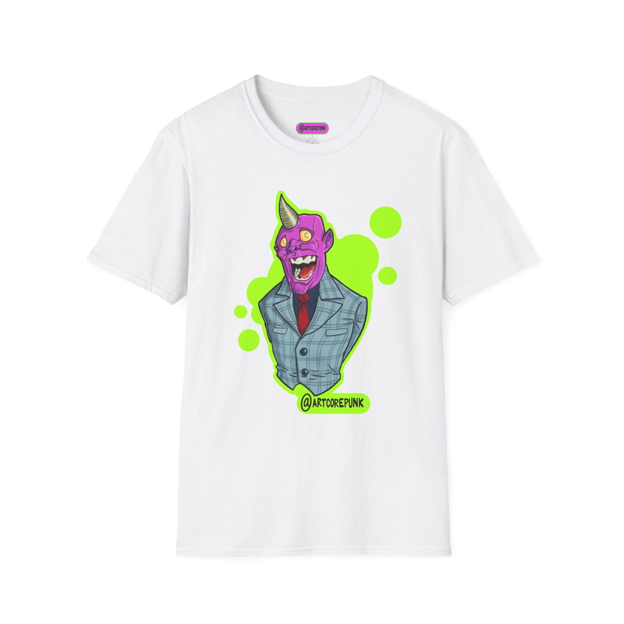 'The Hornsuit' Graphic T-Shirt — Neon Devil Suit Illustration