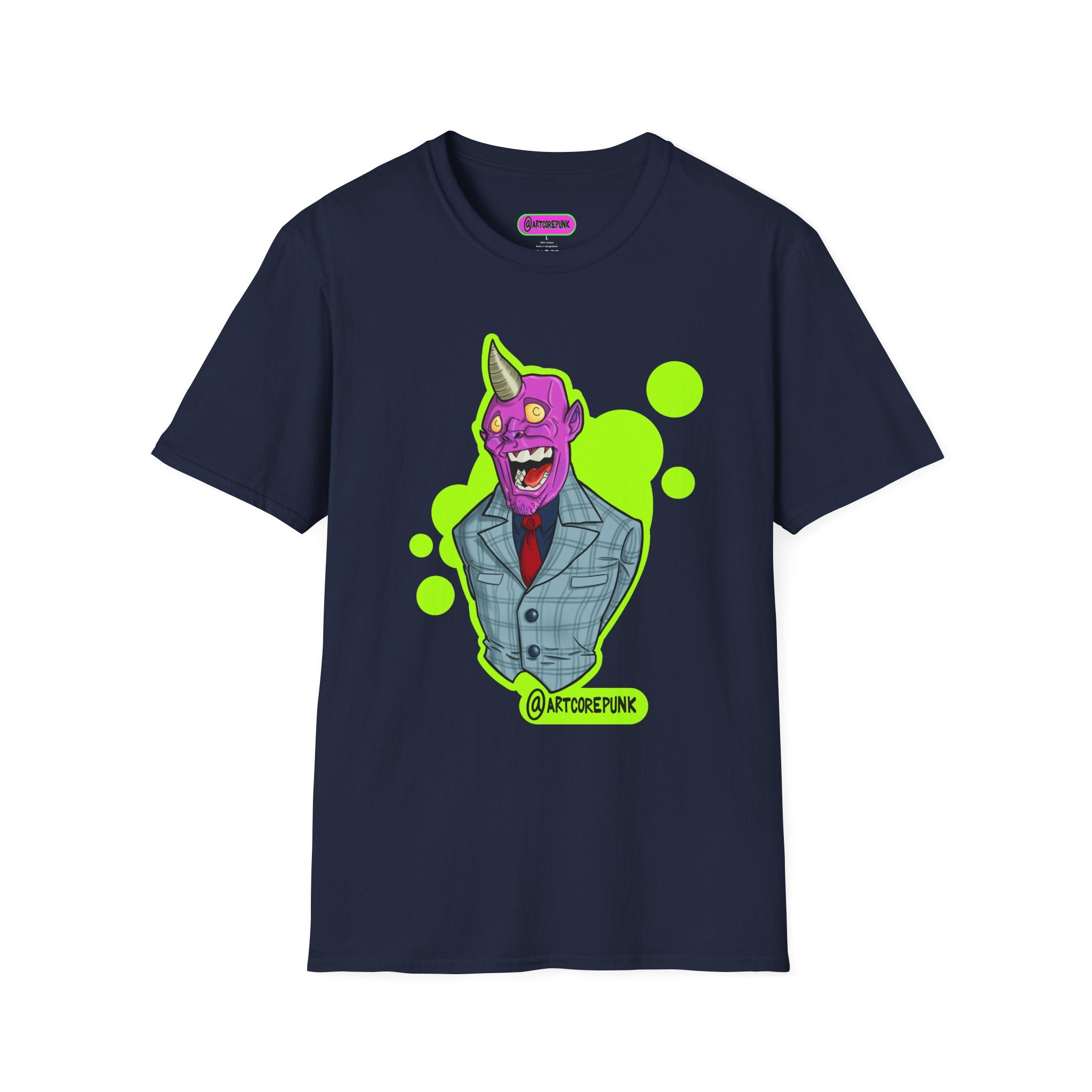 'The Hornsuit' Graphic T-Shirt — Neon Devil Suit Illustration